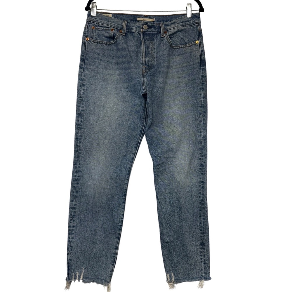Levis Wedgie Straight Jeans Womens 30 Blue High Rise Button Fly Raw Hem Denim